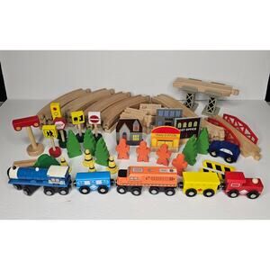 Lot of 63 Pieces Wooden Train Set Track Accessories People Signs Trees Gift